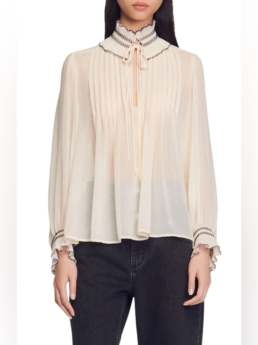 SANDRO Jacinthe Tie Neck Blouse in Cream and Black Size 2 or US Medium